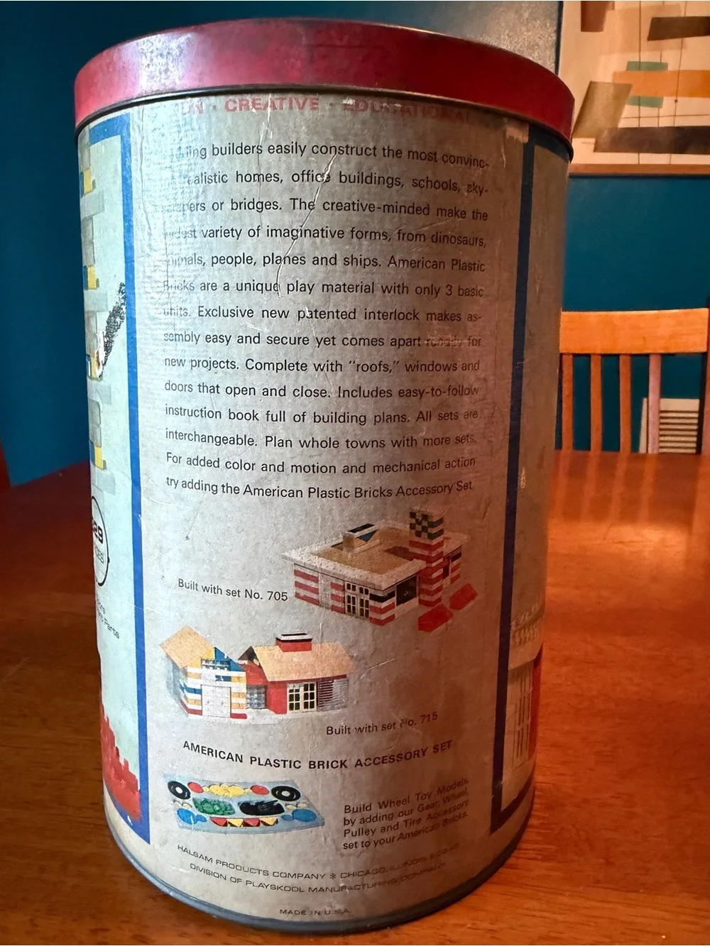 Vintage American Plastic Bricks Tin with Red Lid